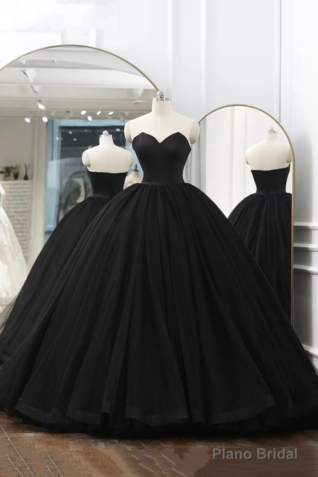 Black Tulle Long A-Line Prom Dresses, Black Strapless Long Evening Dresses Main image