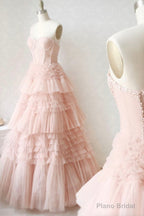 Pink Tulle Lace Long Prom Dresses, A-Line Strapless Evening Dresses