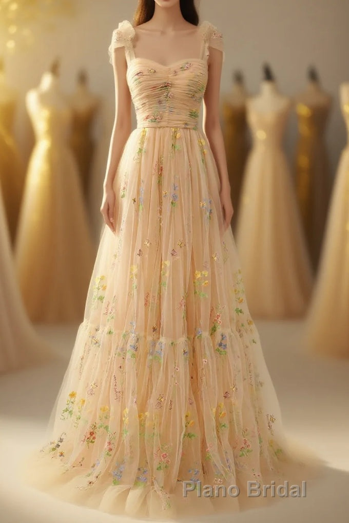 Champagne Lovely Tulle Lace Long Formal Prom Dresses, Champagne Evening Dresses Main image