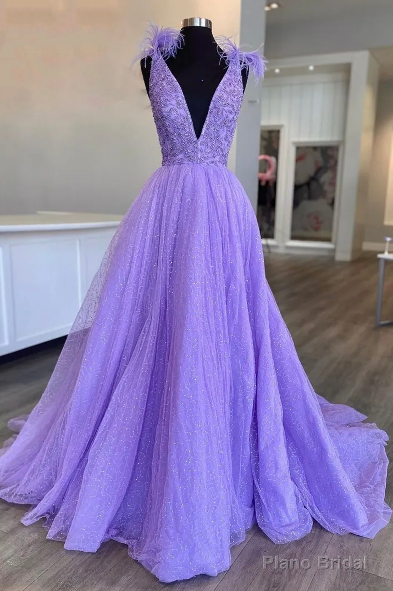 Purple V-Neck Tulle Sequins Long Prom Dress, A-Line Evening Party Dress Main image