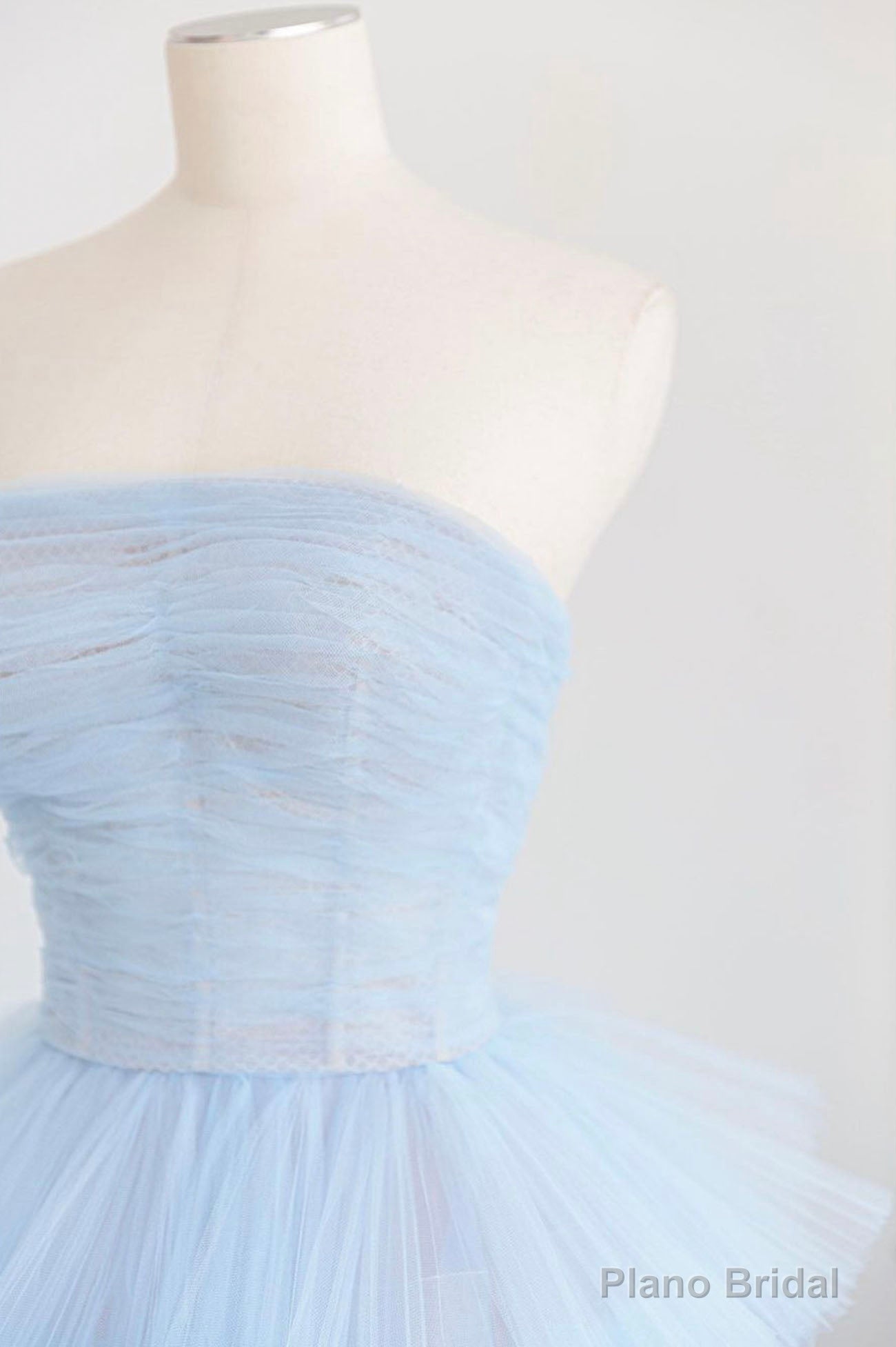 Blue Layers Tulle Long Prom Dresses, A-Line Strapless Evening Dresses