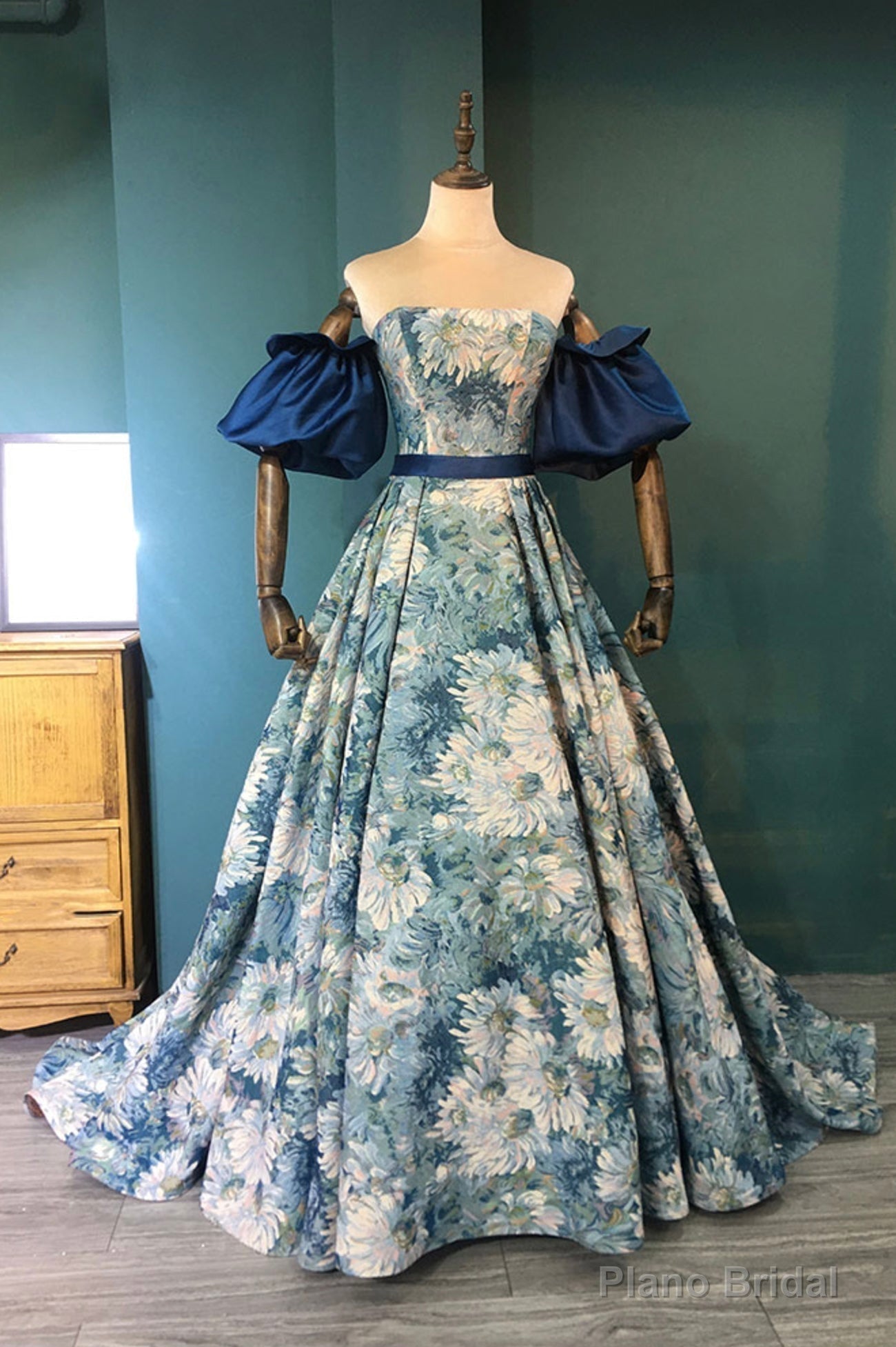 Blue Floral Long Senior Prom Dress, Blue A-Line Evening Dress Main image