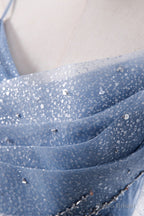 Blue Tulle Long A-Line Prom Dresses, Blue Spaghetti Strap Evening Dresses