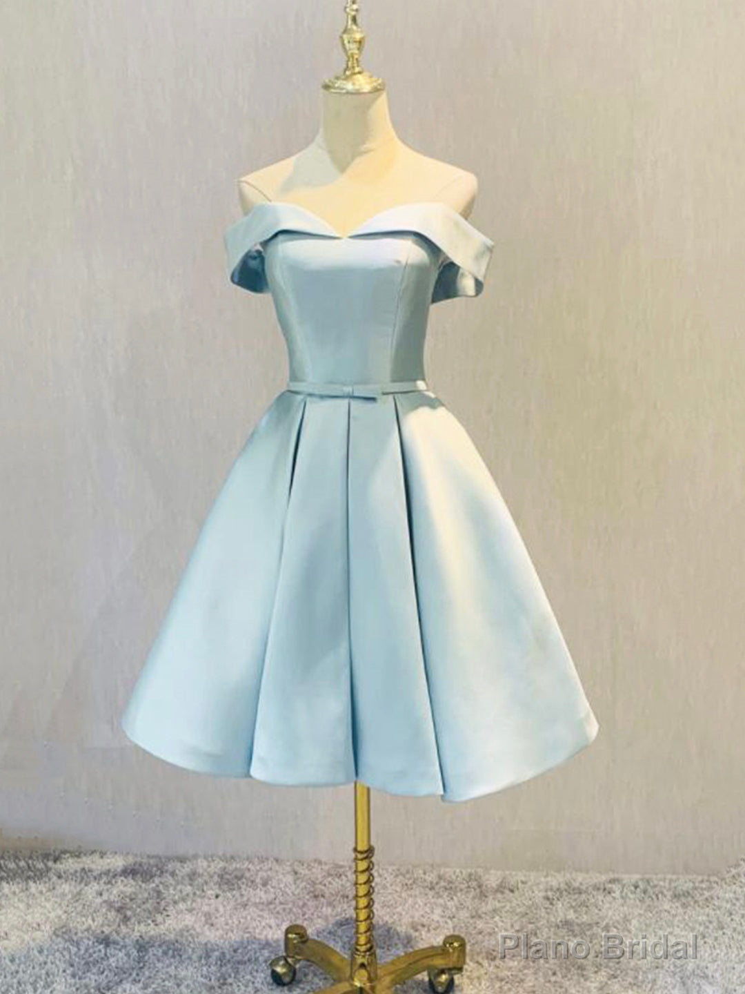 Simple Short Light Blue Satin Party Dress, Blue A-Line Off the Shoulder Evening Dress Main image