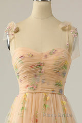 Champagne Lovely Tulle Lace Long Formal Prom Dresses, Champagne Evening Dresses