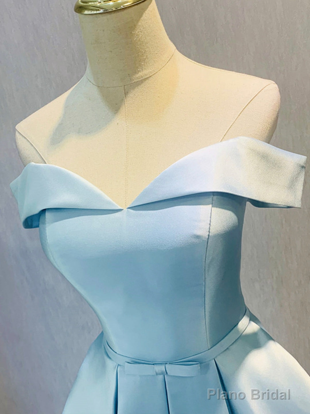 Simple Short Light Blue Satin Party Dress, Blue A-Line Off the Shoulder Evening Dress Secondary image
