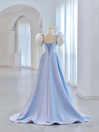 Blue Short Sleeve Saitn Formal Evening Dress, Cute A-Line Junior Prom Dress