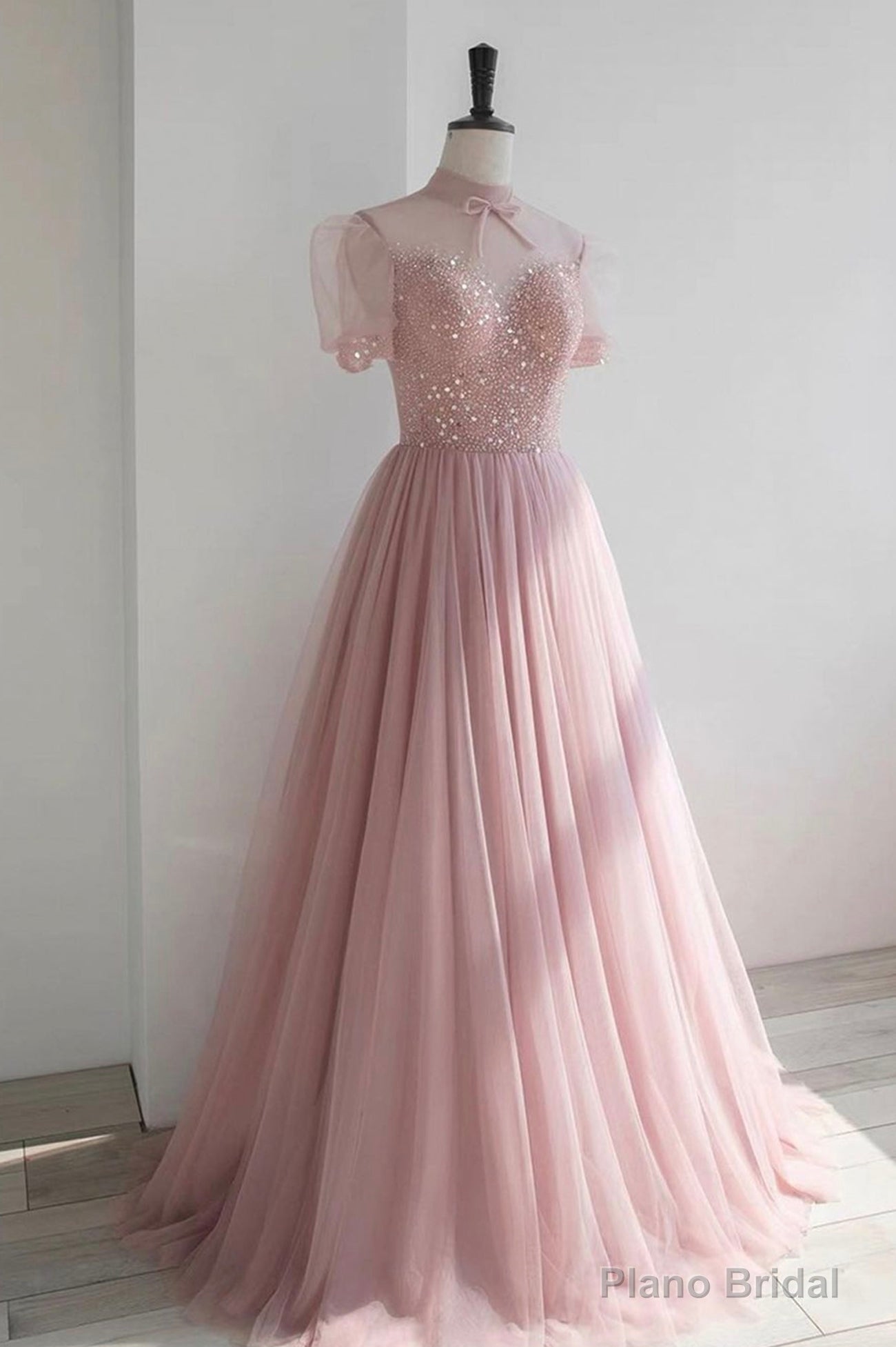 Pink Tulle Beading Long Prom Dresses, Lovely A-Line Evening Party Dresses Main image