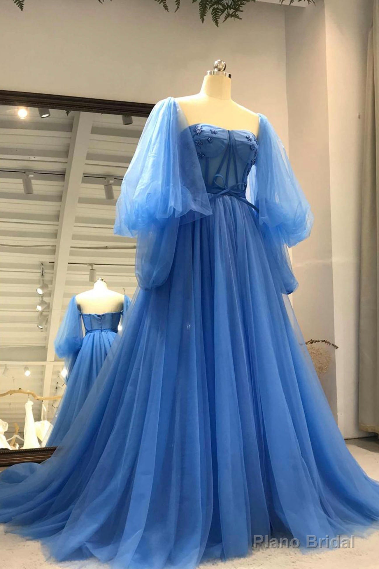 Blue Tulle Long Prom Dresses, A-Line Long Sleeve Evening Dresses Main image