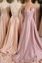 Simple V-Neck Satin Long Formal Prom Dresses, A-Line Backless Evening Dresses