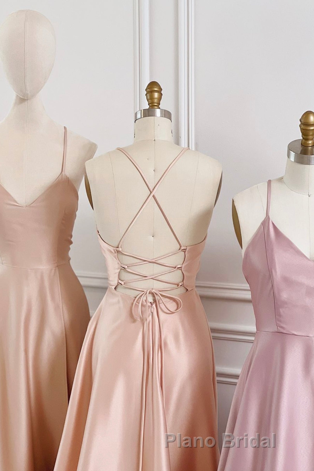 Simple V-Neck Satin Long Formal Prom Dresses, A-Line Backless Evening Dresses