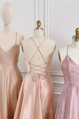 Simple V-Neck Satin Long Formal Prom Dresses, A-Line Backless Evening Dresses