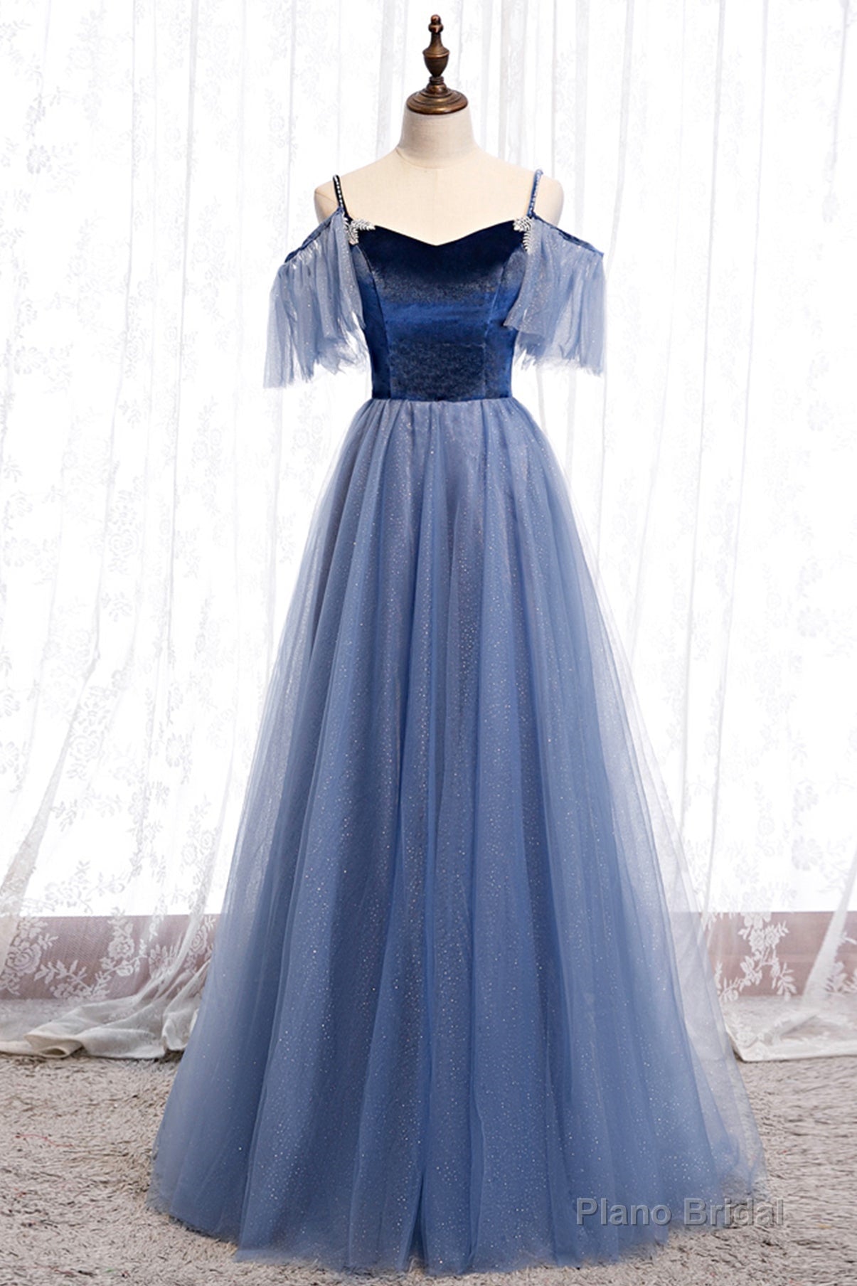 Blue Velvet Tulle Long Prom Dresses, Blue A-Line Evening Dresses Secondary image