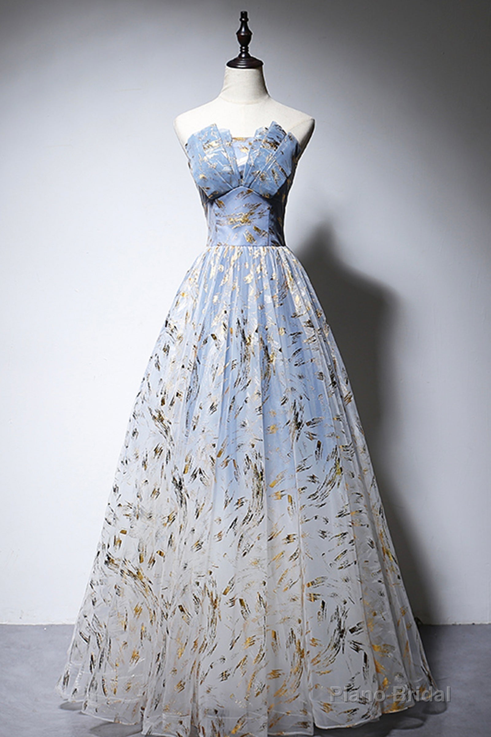 Blue Strapless Ombre Tulle Long Prom Dresses, A-Line Evening Dresses