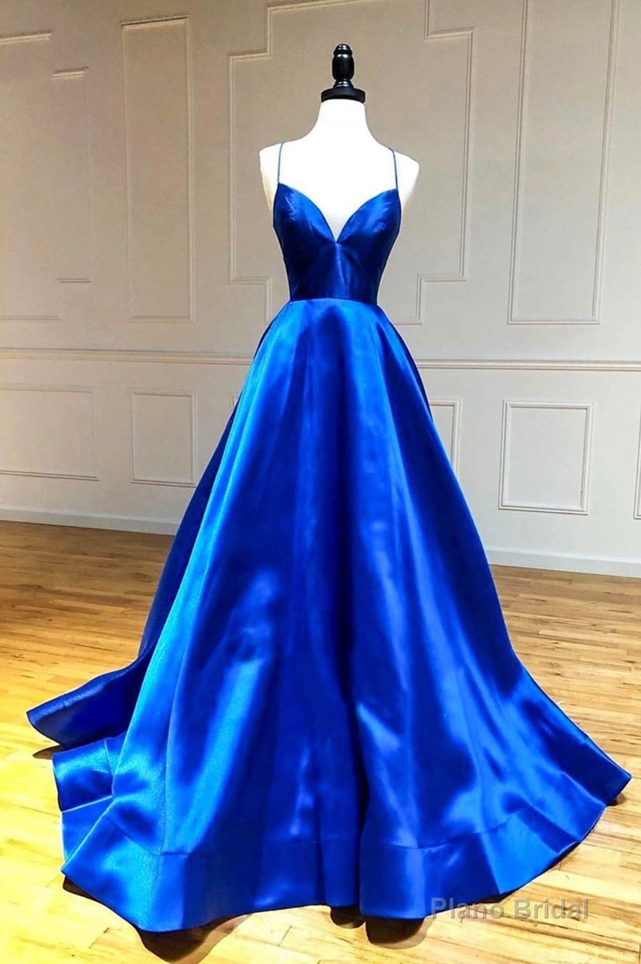 Blue V-Neck Satin Long Prom Dresses, A-Line Backless Evening Dresses Main image