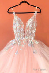 Pink V-Neck Tulle Lace Long Prom Dresses, Pink Evening Dresses