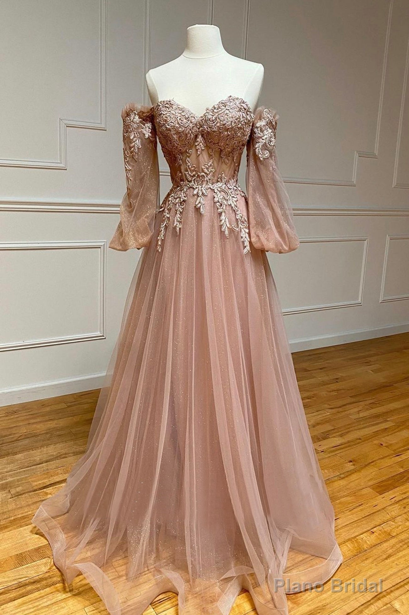 A-Line Tulle Lace Long Prom Dresses, Off the Shoulder Lace Formal Dresses Main image
