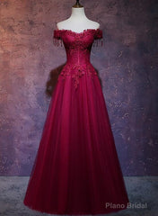 Beautiful Wine Red Tulle Sweetheart Long Prom Dress, A-line Party Dress