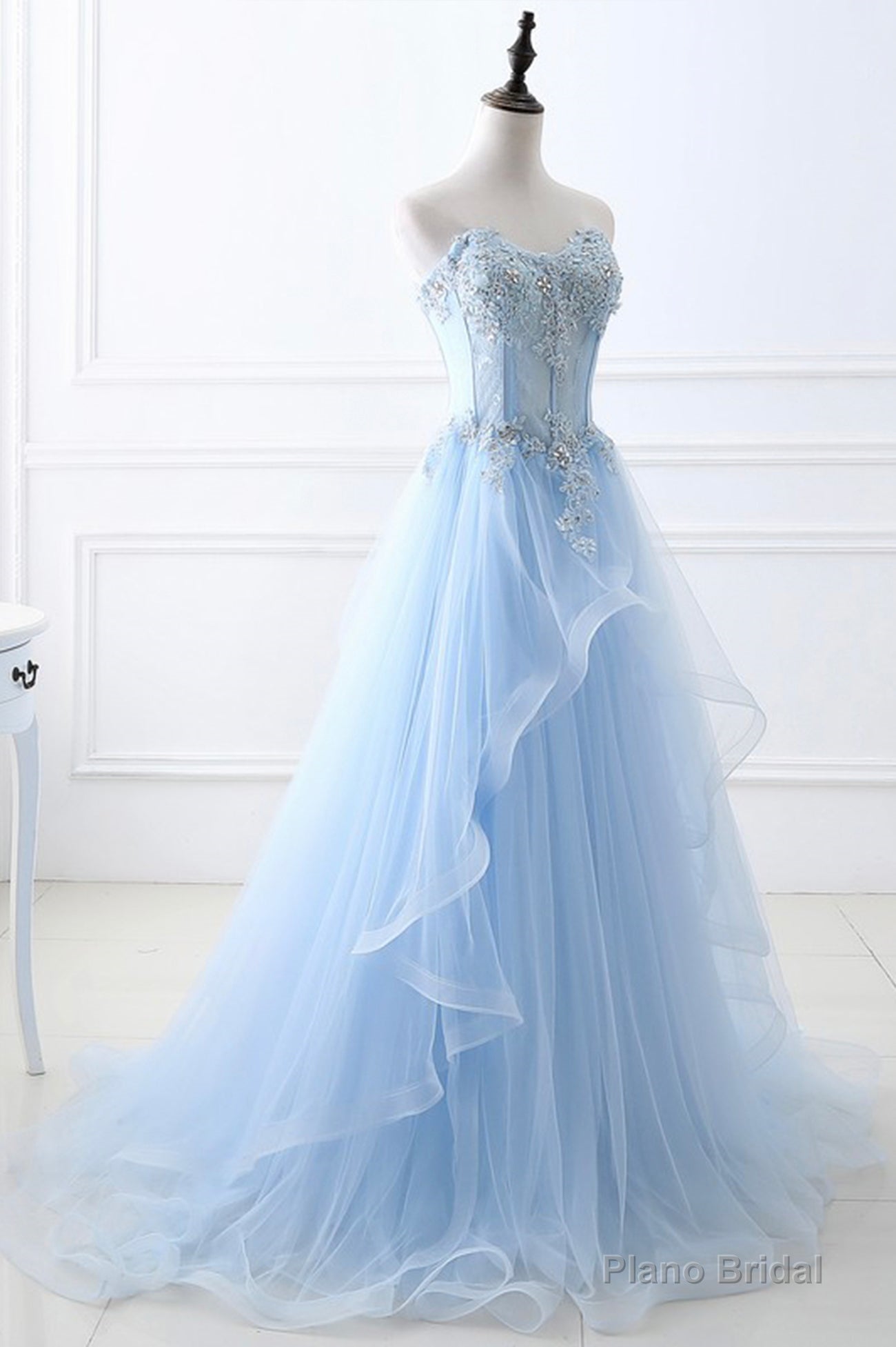 Blue Strapless Tulle Lace Long A-Line Prom Dress, Blue Evening Dress Main image