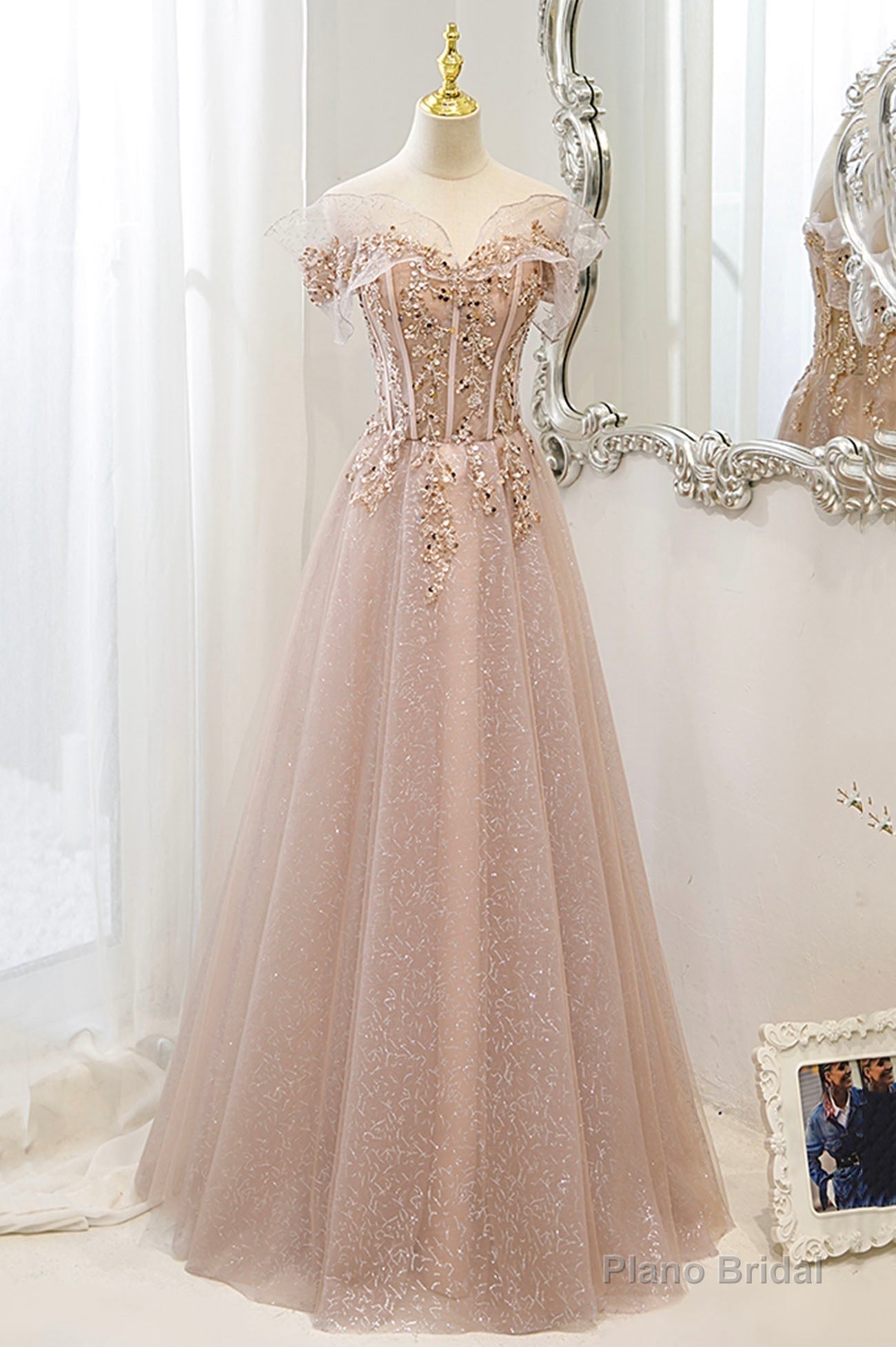 Pink Tulle Sequins Long Prom Dresses, A-Line Off the Shoulder Evening Dresses Secondary image