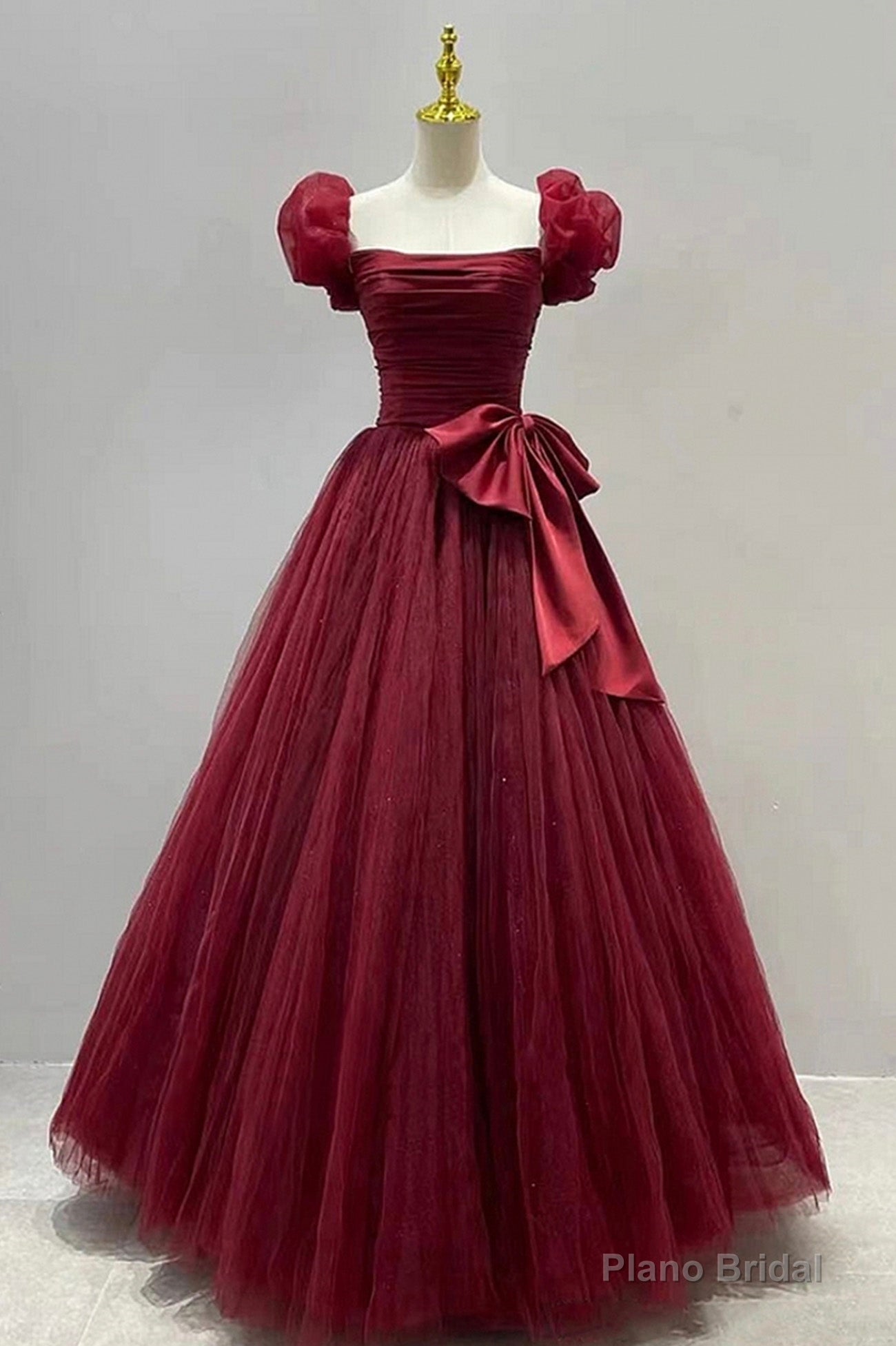 Burgundy Tulle Short Sleeve A-Line Formal Dresses, Burgundy Evening Dresses Main image