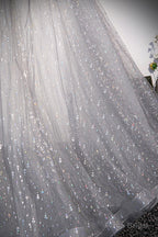 Grey V-Neck Tulle Long Prom Dresses, A-Line Evening Dresses