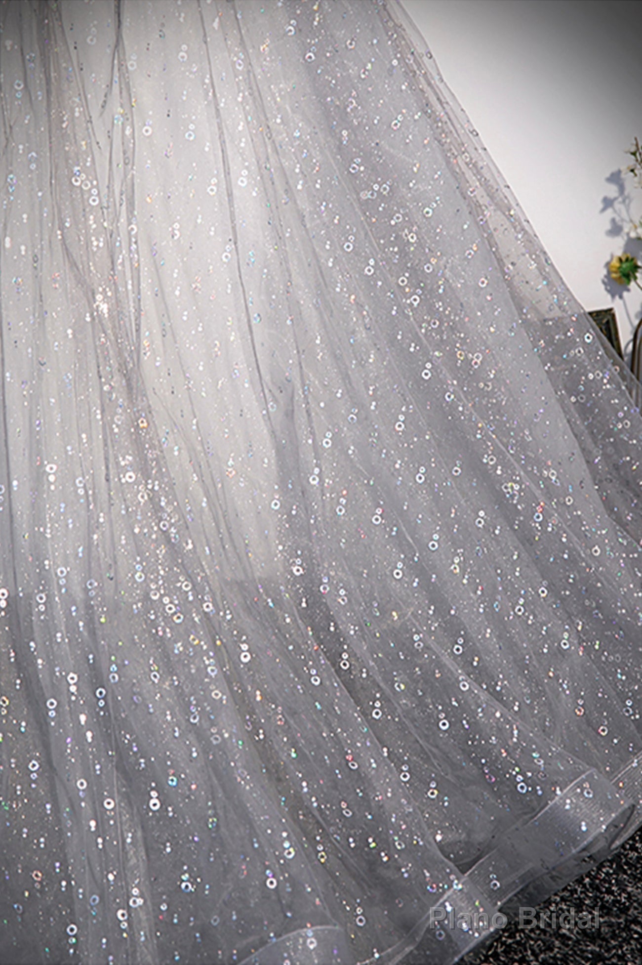 Grey V-Neck Tulle Long Prom Dresses, A-Line Evening Dresses