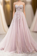 Cute Tulle Sweetheart Long Party Dresses with Lace, Beautiful A-Line Formal Prom Dresses