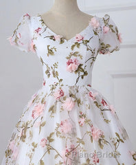 White V Neck 3D Flowers Long Formal Prom Dresses, White Evening Dresses