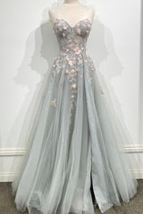 Gray Strapless Lace Long A Line Prom Gown, Graduation Dress