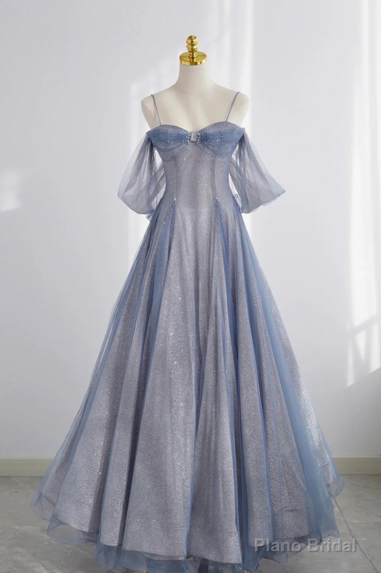 Blue Spaghetti Strap Tulle Long Prom Dress, A-Line Formal Dress Main image