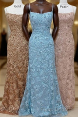 Straps Mermaid Blue Lace Appliques Long Formal Prom Dresses