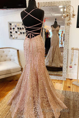 Mermaid V-Neck Rose Gold Long Formal Prom Dresses with Criss Cross Back