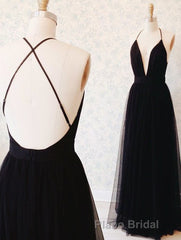 Simple A-line V Neck Navy Blue Long Formal Prom Dresses