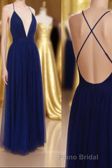 Simple A-line V Neck Navy Blue Long Formal Prom Dresses