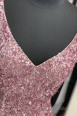 Gorgeous Mermaid V-Neck Pearl Pink Long Formal Prom Dresses with Slit