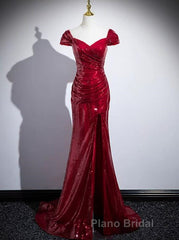 Dark Red Sequins Mermaid Sweetheart Formal Prom Dress, Dark Red Evening Dress