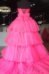 Elegant Strapless Layered Hot Pink Long Formal Prom Dresses with Slit