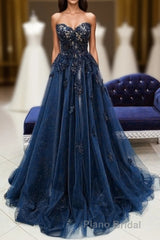 Navy Blue Tulle With Lace Sweetheart Long Prom Dresses, Blue Long Formal Prom Dresses