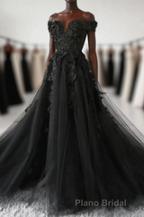 Black Off Shoulder Tulle Long Evening Dresses Formal Prom Dresses, Black Lace Prom Dresses
