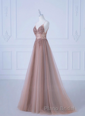 Pink V-Neckline Beaded Straps Long Party Dresses, A-Line Pink Tulle Floor Length Formal Prom Dresses