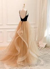 A-Line Champagne Tulle Sweetheart Beaded Long Formal Prom Dresses, Tulle Layers Party Dresses