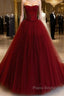 Wine Red Tulle Scoop Long Formal Dresses, Wine Red Tulle Formal Prom Dresses Party Dresses