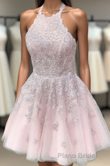 Halter Lace-Up back Short Pink Lace Homecoming Dresses