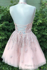Halter Lace-Up back Short Pink Lace Homecoming Dresses