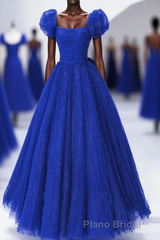 Royal Blue Scoop Tulle Short Sleeves Long Formal Prom Dresses, Royal Blue A-Line Party Dresses