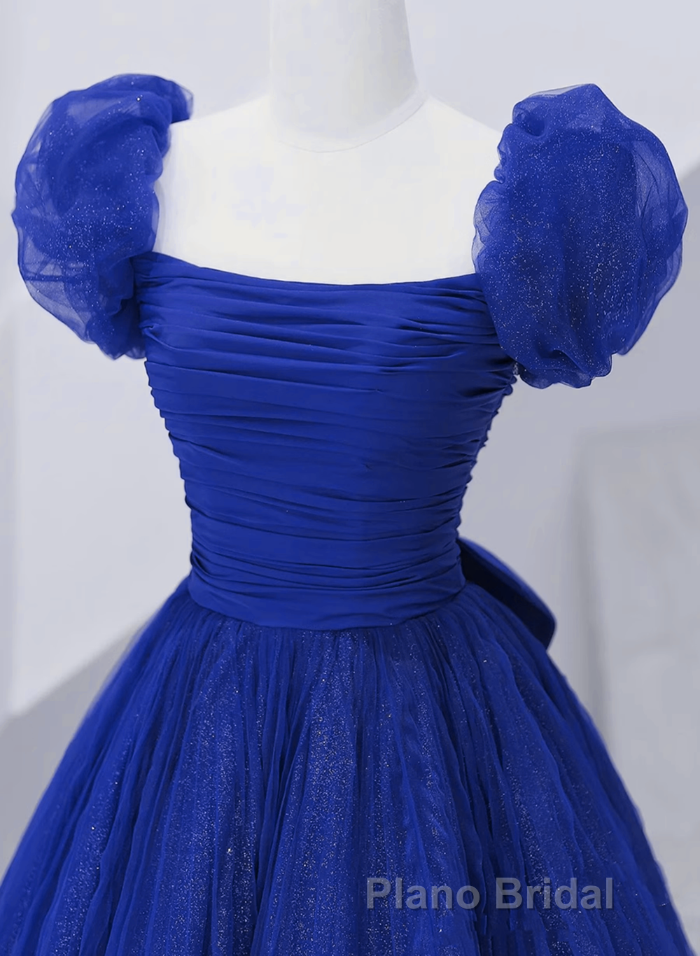 Royal Blue Scoop Tulle Short Sleeves Long Formal Prom Dresses, Royal Blue A-Line Party Dresses Secondary image