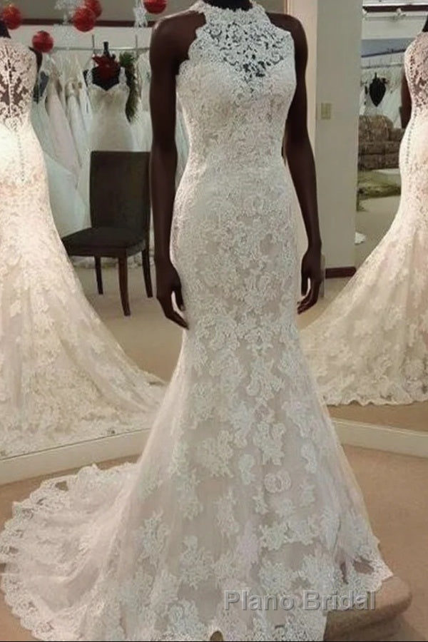 High Neck Mermaid Ivory Lace Wedding Dresses Main image