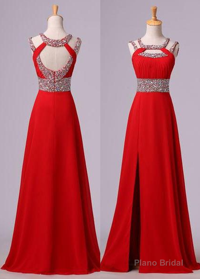2025 Gorgeous Red Beading Open Back Chiffon Prom Dresses
