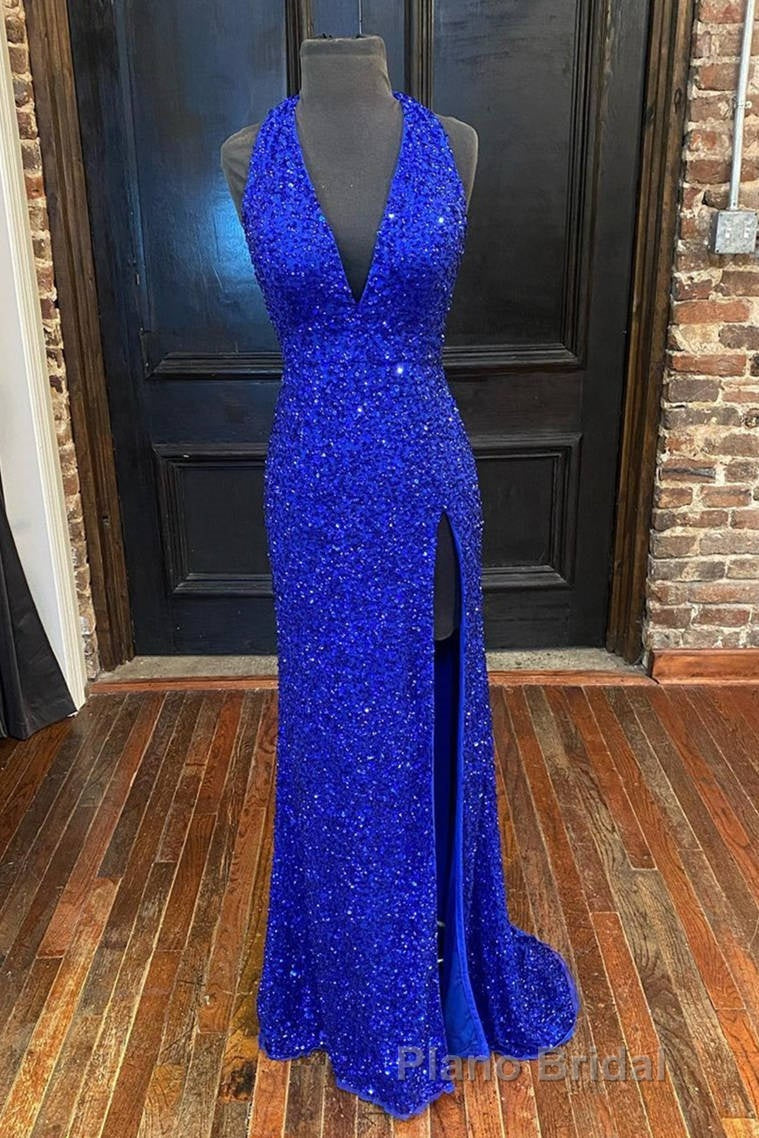 Backless Royal Blue Sequins Formal Prom Gown with Slit Secondary image